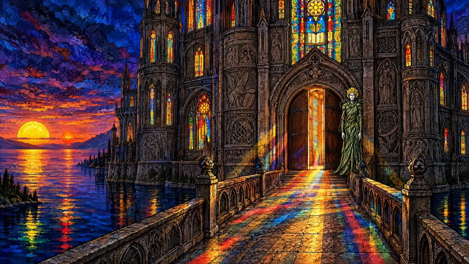 The Library of Stroma at dusk, its bridge lit with coloured light, the Guardian standing beside the open doors