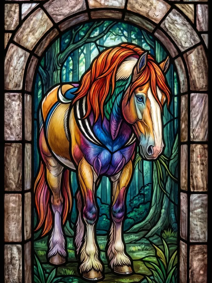 The Welchefarbe, a horse of every colour, in stained glass